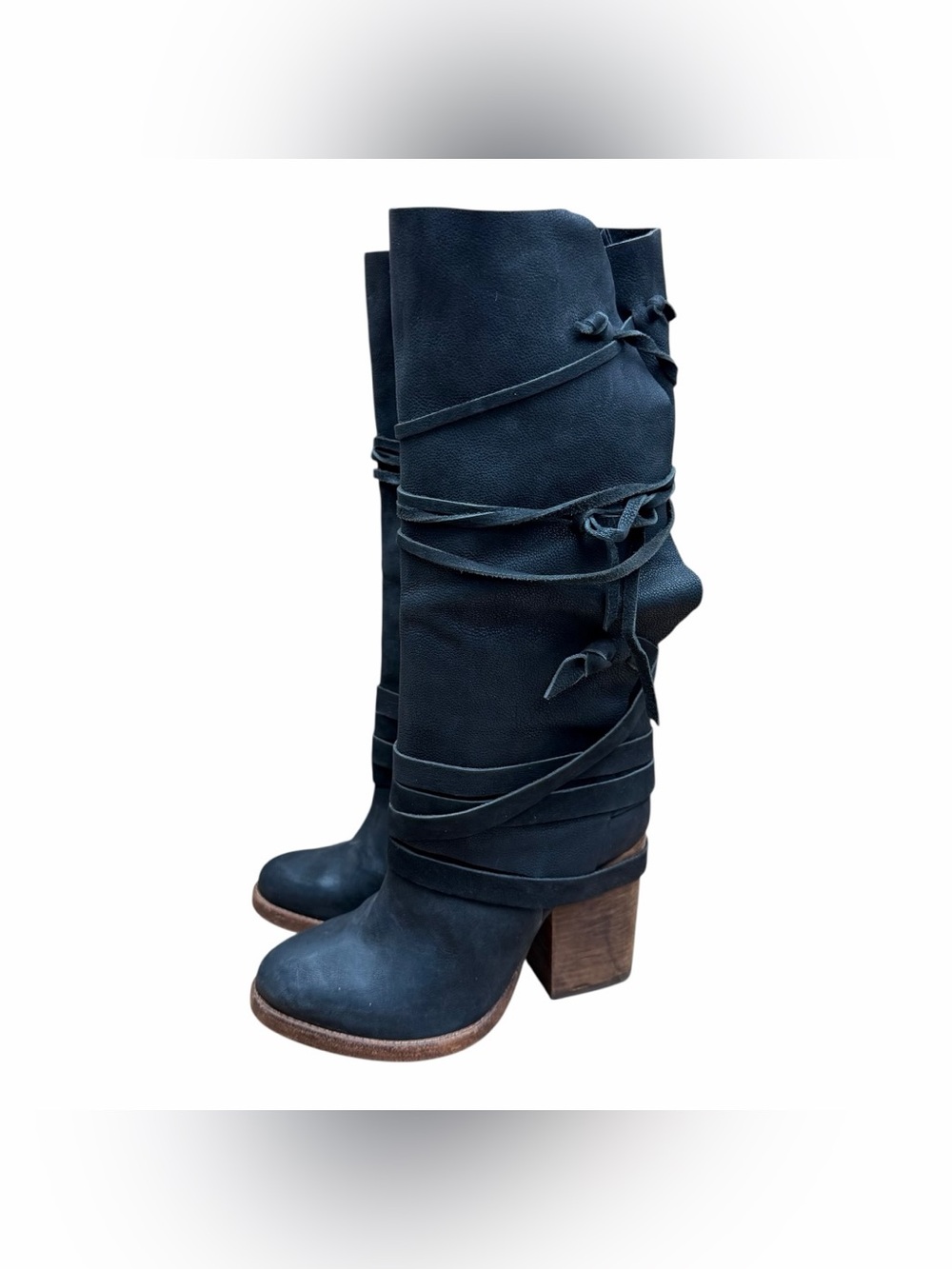 Free People  size 10 Black Suede Royal Rush Wrap Wooden Heel Boots